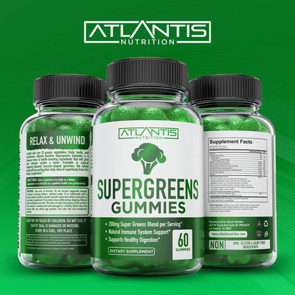 Atlantis Nutrition Supergreens Gummies - Daily Green Superfoods Supplement with Spinach, Broccoli, Moringa, Beet Root, Celery, Green Tea, & Acai for Immunity Support - Natural Raspberry Flavor, 60 cnt - dailyvitalstore