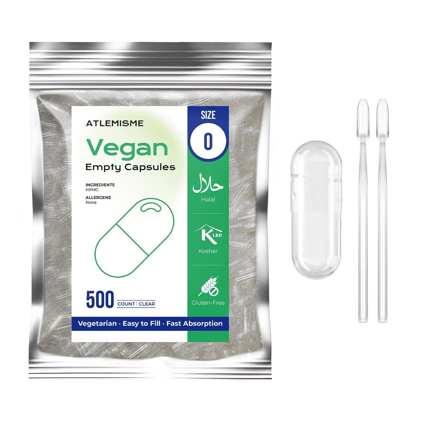 ATLEMISME Empty Vegan Capsules Size 0, 500-Count DIY Vegetable Capsules for Filling | Includes 2 Micro Lab Spoons - dailyvitalstore