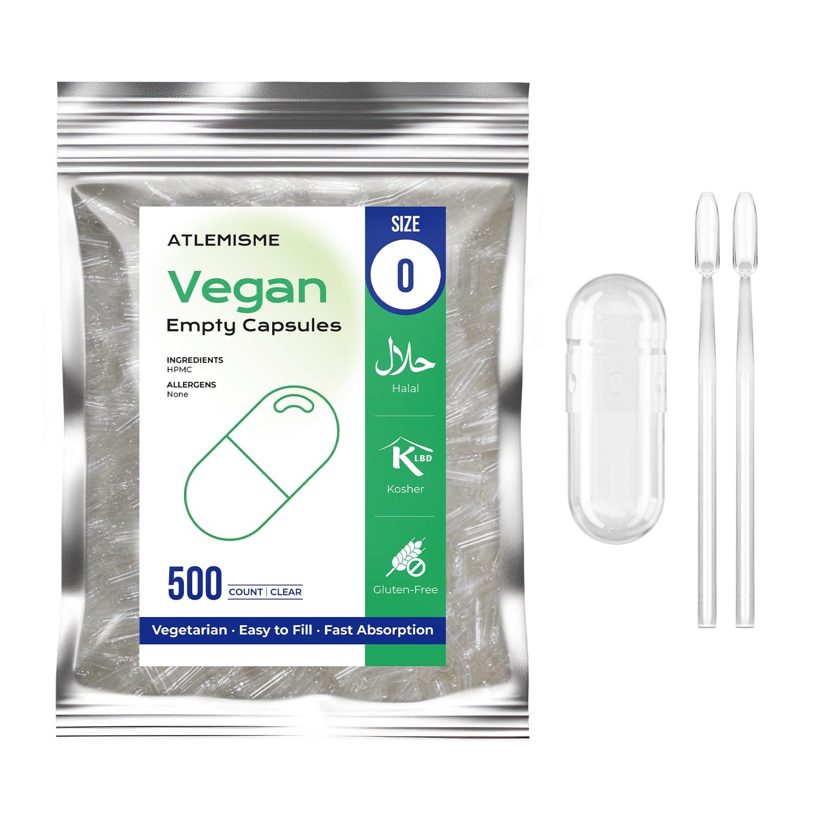 ATLEMISME Empty Vegan Capsules Size 0, 500-Count DIY Vegetable Capsules for Filling | Includes 2 Micro Lab Spoons - dailyvitalstore