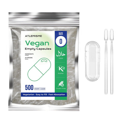 ATLEMISME Empty Vegan Capsules Size 0, 500-Count DIY Vegetable Capsules for Filling | Includes 2 Micro Lab Spoons - dailyvitalstore