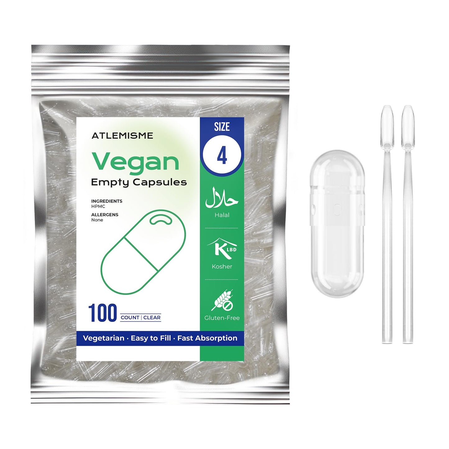 ATLEMISME Empty Vegan Capsules Size 4 - Vegan Capsules DIY Vegetable Capsule Filling - Veggie Caps with 2 Micro Lab Spoons for Capsule Filling - dailyvitalstore