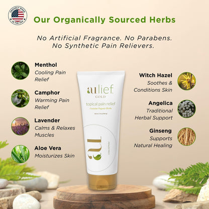 Aulief Gold Natural Pain Relief Cream – Organic Herbal Lotion for Arthritis, Joint Pain & Sore Muscles, Neck, Knee & Back Aches, Premium Organic Natural Pain Reliever, 3.2 Oz Tube - dailyvitalstore