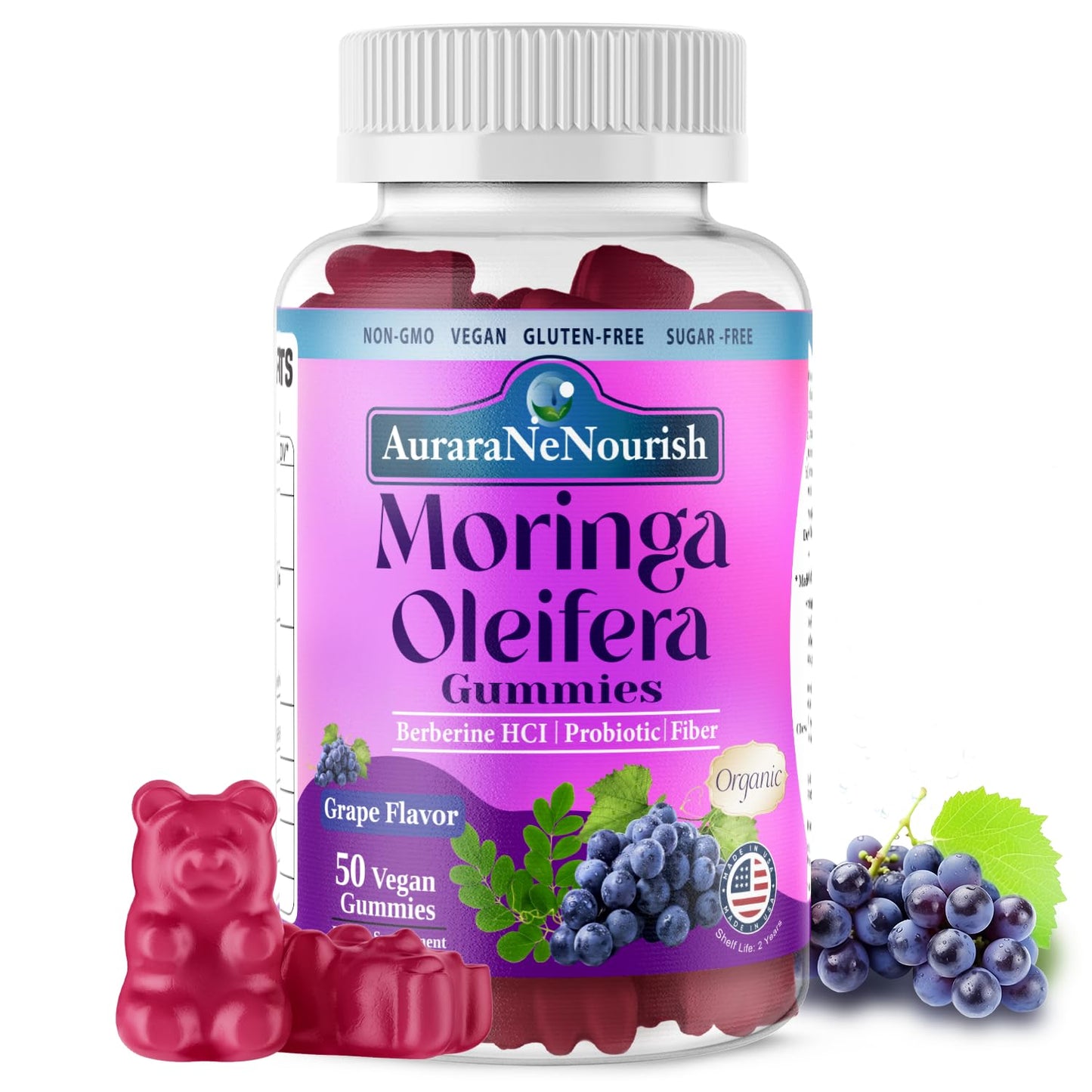 AuraraNeNourish Organic Moringa Oleifera Gummies for Women & Men, 8-in-1 Superfood Blend w. Berberine HCl & Moringa Leaf Extract for GLP-1 Support & Energy Immune Joint & Gut Health Sugar-Free - dailyvitalstore