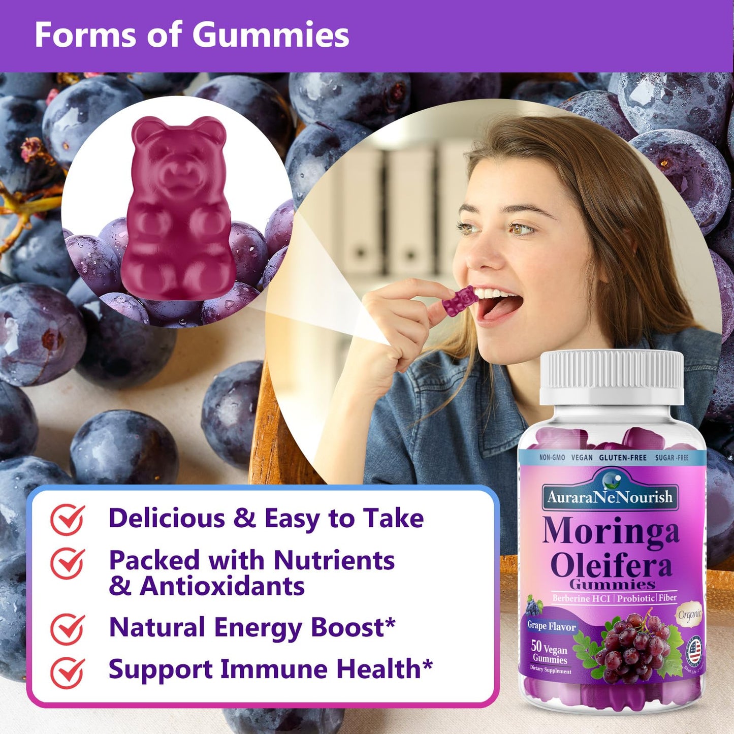 AuraraNeNourish Organic Moringa Oleifera Gummies for Women & Men, 8-in-1 Superfood Blend w. Berberine HCl & Moringa Leaf Extract for GLP-1 Support & Energy Immune Joint & Gut Health Sugar-Free - dailyvitalstore