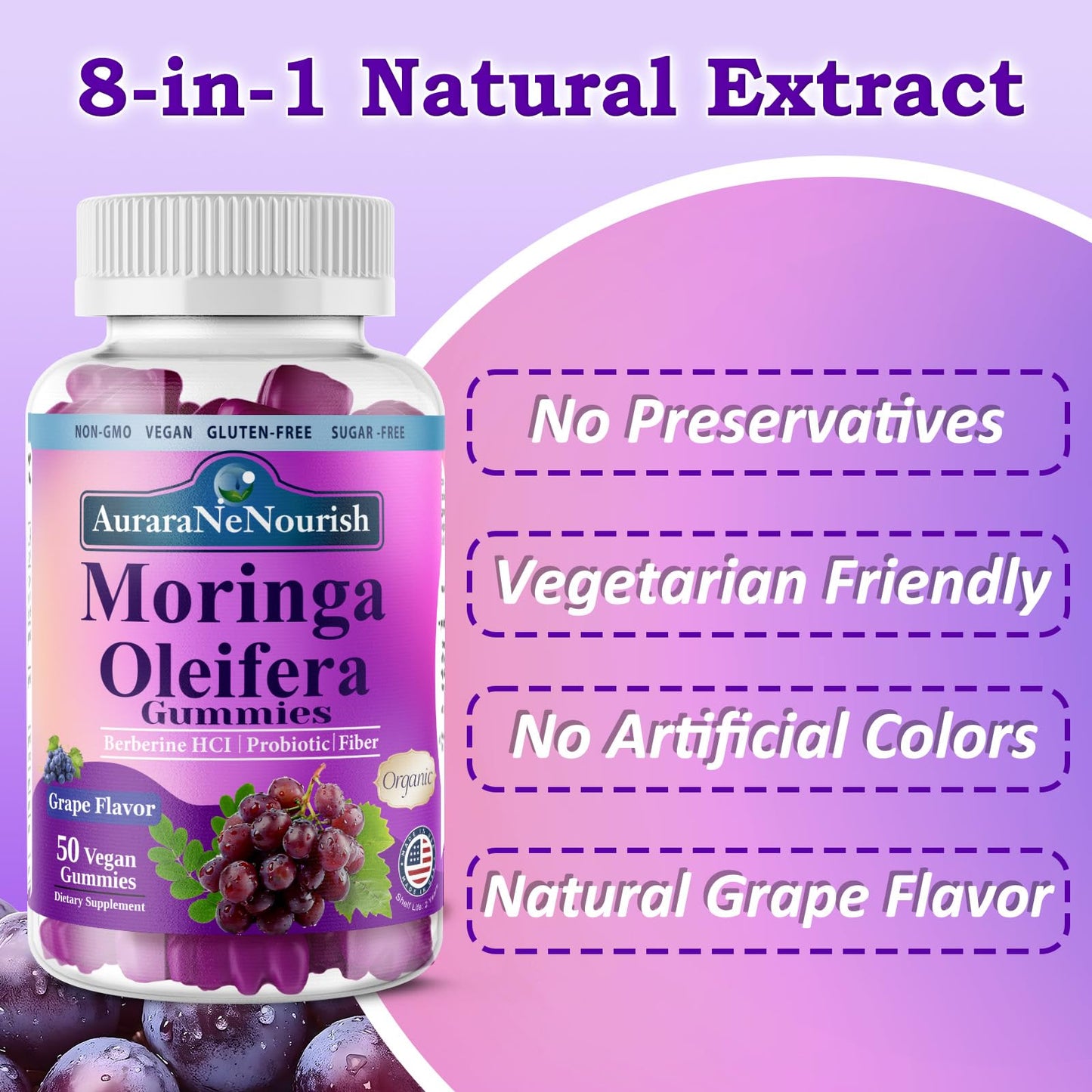 AuraraNeNourish Organic Moringa Oleifera Gummies for Women & Men, 8-in-1 Superfood Blend w. Berberine HCl & Moringa Leaf Extract for GLP-1 Support & Energy Immune Joint & Gut Health Sugar-Free - dailyvitalstore