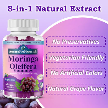 AuraraNeNourish Organic Moringa Oleifera Gummies for Women & Men, 8-in-1 Superfood Blend w. Berberine HCl & Moringa Leaf Extract for GLP-1 Support & Energy Immune Joint & Gut Health Sugar-Free - dailyvitalstore