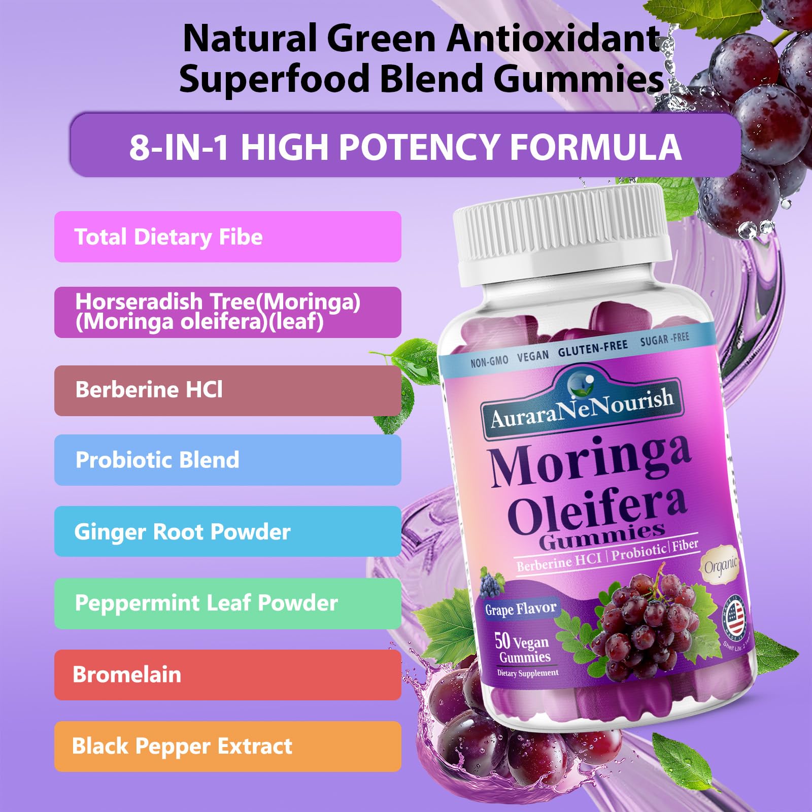 AuraraNeNourish Organic Moringa Oleifera Gummies for Women & Men, 8-in-1 Superfood Blend w. Berberine HCl & Moringa Leaf Extract for GLP-1 Support & Energy Immune Joint & Gut Health Sugar-Free - dailyvitalstore