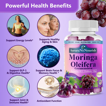 AuraraNeNourish Organic Moringa Oleifera Gummies for Women & Men, 8-in-1 Superfood Blend w. Berberine HCl & Moringa Leaf Extract for GLP-1 Support & Energy Immune Joint & Gut Health Sugar-Free - dailyvitalstore