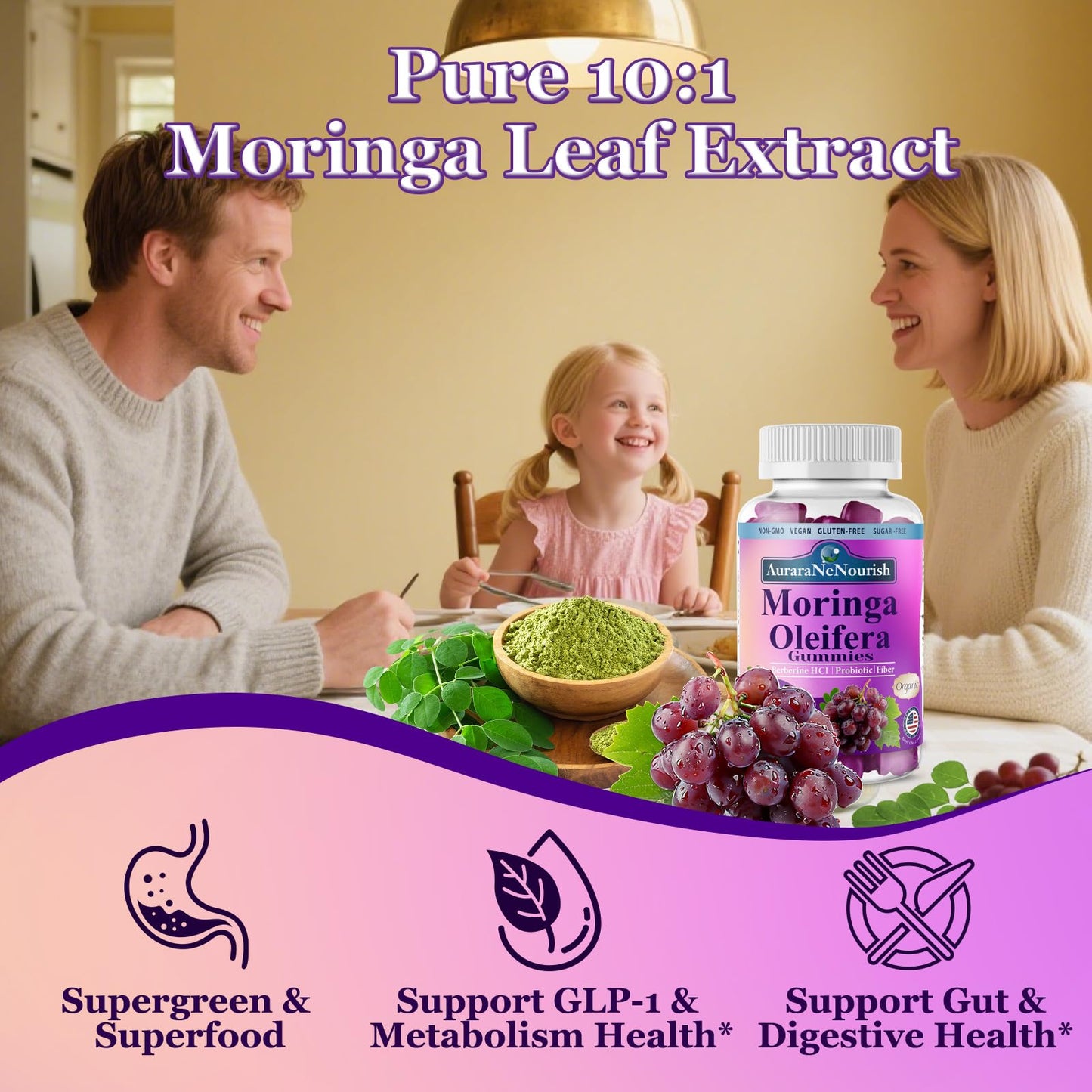 AuraraNeNourish Organic Moringa Oleifera Gummies for Women & Men, 8-in-1 Superfood Blend w. Berberine HCl & Moringa Leaf Extract for GLP-1 Support & Energy Immune Joint & Gut Health Sugar-Free - dailyvitalstore