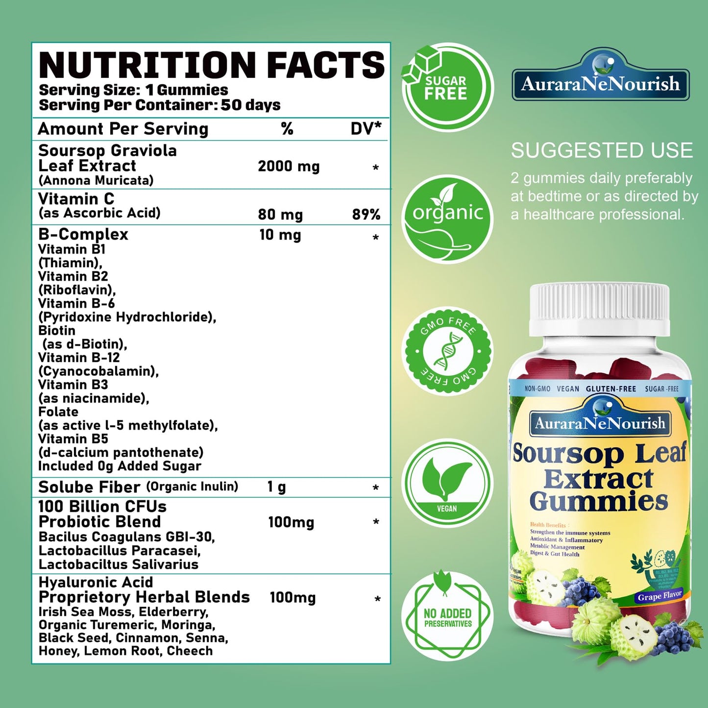 AuraraNeNourish Sugar Free Soursop Gummies with Probiotics & Fiber 100 Billion CFUs, Organic Soursop Leave Extract with Vitamin C B-Complex for Digestive Gut Health, Energy Balance, Immune Boost - dailyvitalstore