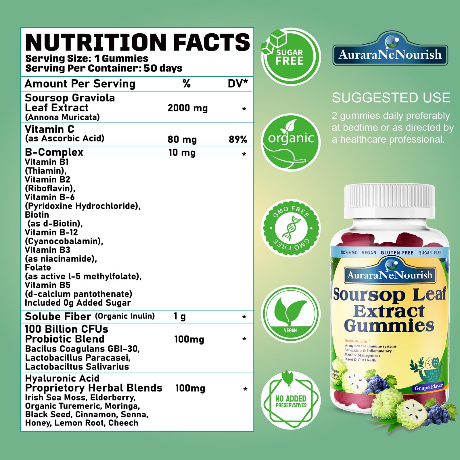 AuraraNeNourish Sugar Free Soursop Gummies with Probiotics & Fiber 100 Billion CFUs, Organic Soursop Leave Extract with Vitamin C B-Complex for Digestive Gut Health, Energy Balance, Immune Boost - dailyvitalstore