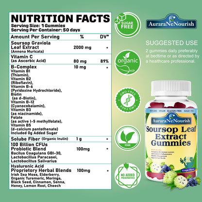 AuraraNeNourish Sugar Free Soursop Gummies with Probiotics & Fiber 100 Billion CFUs, Organic Soursop Leave Extract with Vitamin C B-Complex for Digestive Gut Health, Energy Balance, Immune Boost - dailyvitalstore