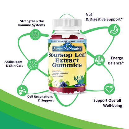 AuraraNeNourish Sugar Free Soursop Gummies with Probiotics & Fiber 100 Billion CFUs, Organic Soursop Leave Extract with Vitamin C B-Complex for Digestive Gut Health, Energy Balance, Immune Boost - dailyvitalstore