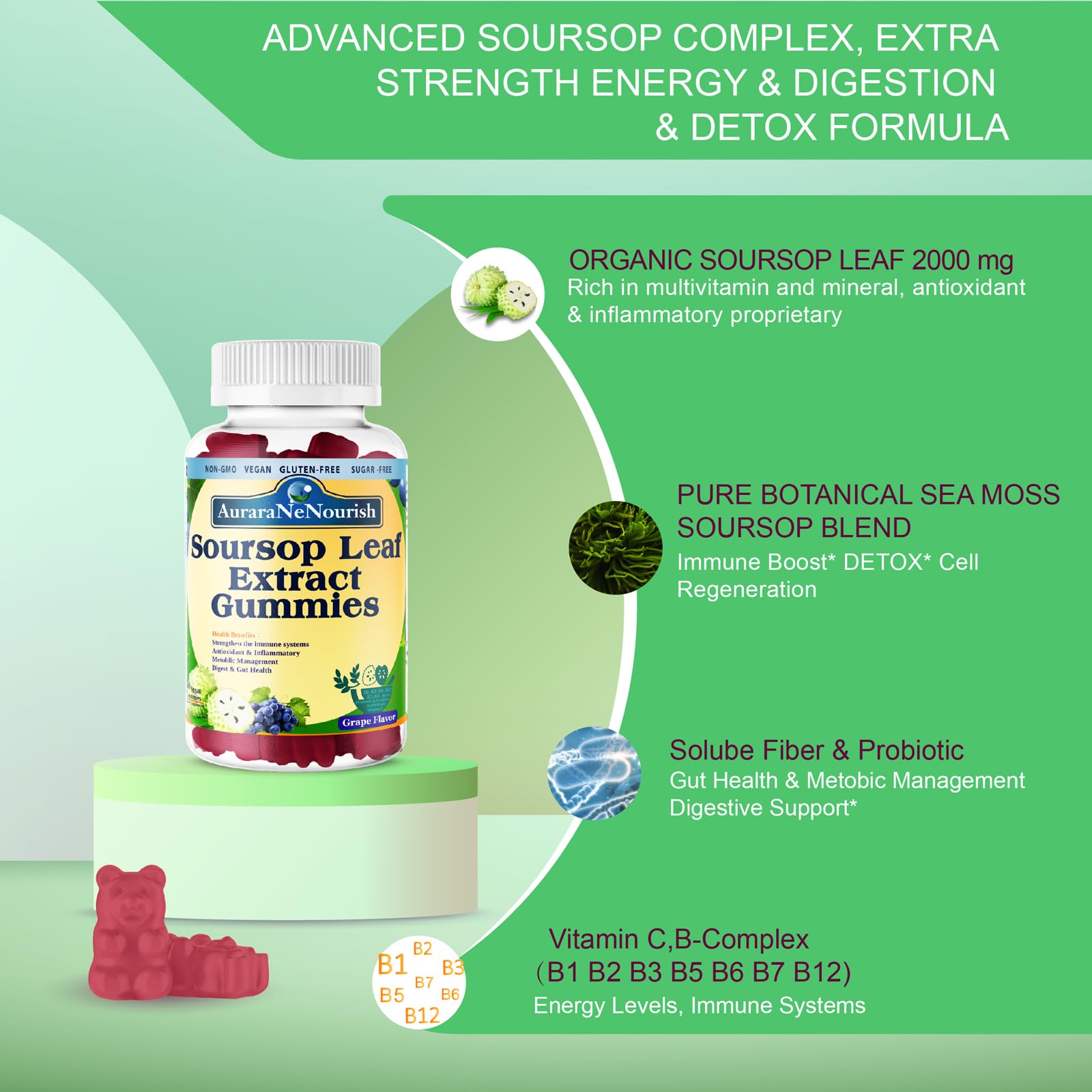 AuraraNeNourish Sugar Free Soursop Gummies with Probiotics & Fiber 100 Billion CFUs, Organic Soursop Leave Extract with Vitamin C B-Complex for Digestive Gut Health, Energy Balance, Immune Boost - dailyvitalstore
