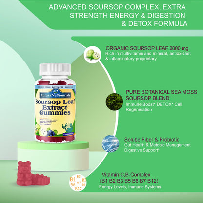 AuraraNeNourish Sugar Free Soursop Gummies with Probiotics & Fiber 100 Billion CFUs, Organic Soursop Leave Extract with Vitamin C B-Complex for Digestive Gut Health, Energy Balance, Immune Boost - dailyvitalstore