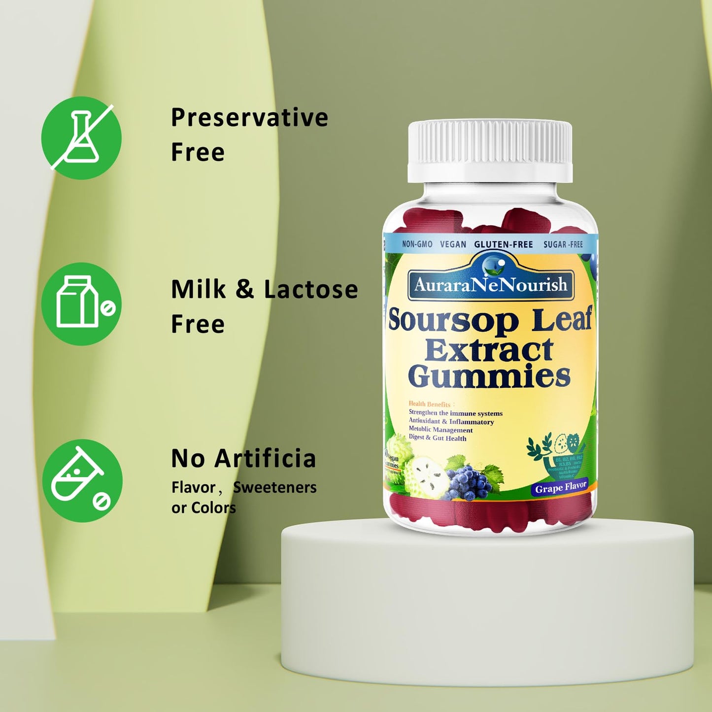 AuraraNeNourish Sugar Free Soursop Gummies with Probiotics & Fiber 100 Billion CFUs, Organic Soursop Leave Extract with Vitamin C B-Complex for Digestive Gut Health, Energy Balance, Immune Boost - dailyvitalstore