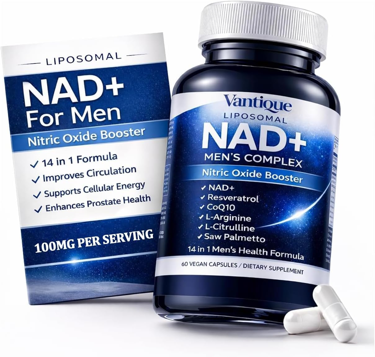 Aureph Vantique Men's NAD+ Supplement with Resveratrol, CoQ10, L-Citrulline & Lycopene - Nitric Oxide Support, Prostate Care, Anti-Aging, Stamina & Cellular Energy Boost 60 Capsules - dailyvitalstore