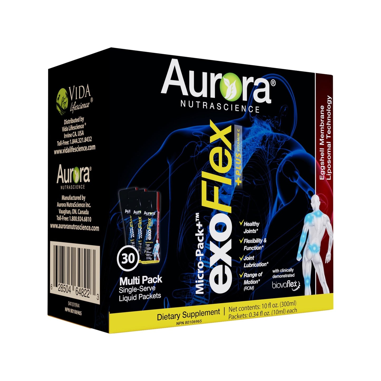 Aurora Nutrascience Micro-Pack Liposomal exoFlex+ - Liquid Vitamin C Supplement, Eggshell Membrane with BiovaFlex, Curcumin, & Boswellia, for Men & Women - 30 Single-Serve Packets - dailyvitalstore