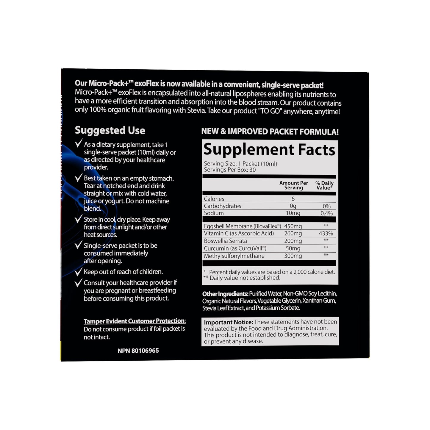 Aurora Nutrascience Micro-Pack Liposomal exoFlex+ - Liquid Vitamin C Supplement, Eggshell Membrane with BiovaFlex, Curcumin, & Boswellia, for Men & Women - 30 Single-Serve Packets - dailyvitalstore