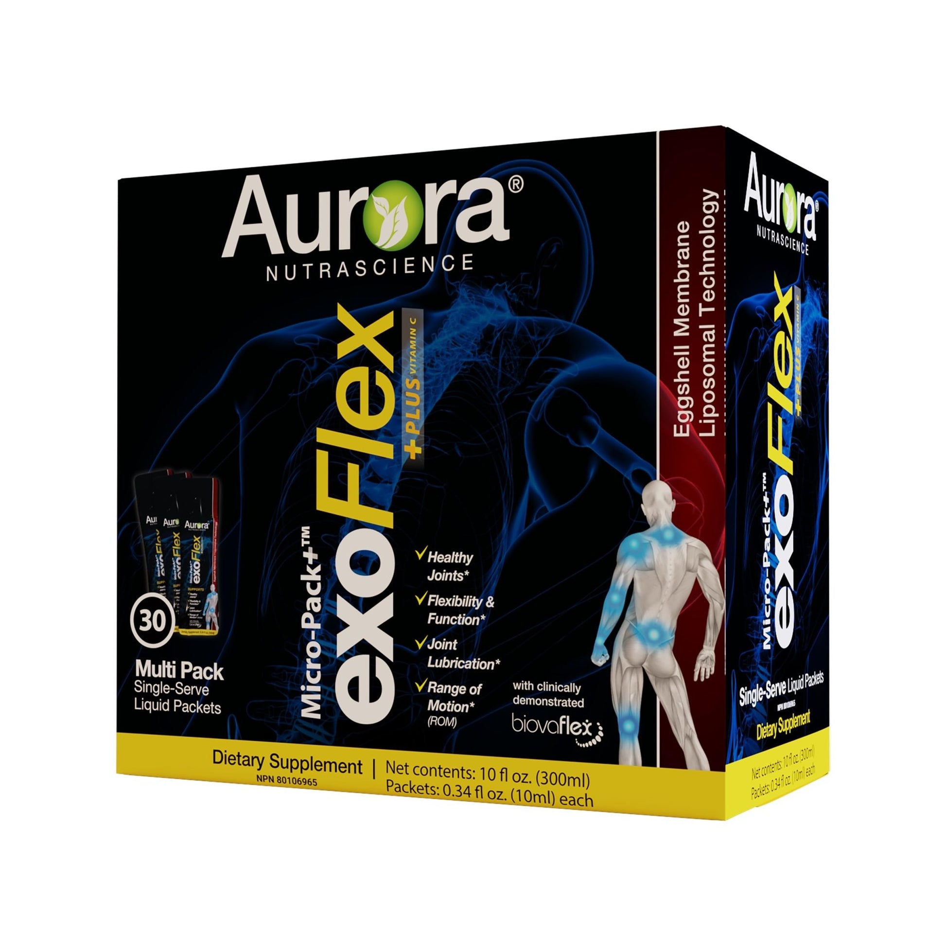 Aurora Nutrascience Micro-Pack Liposomal exoFlex+ - Liquid Vitamin C Supplement, Eggshell Membrane with BiovaFlex, Curcumin, & Boswellia, for Men & Women - 30 Single-Serve Packets - dailyvitalstore