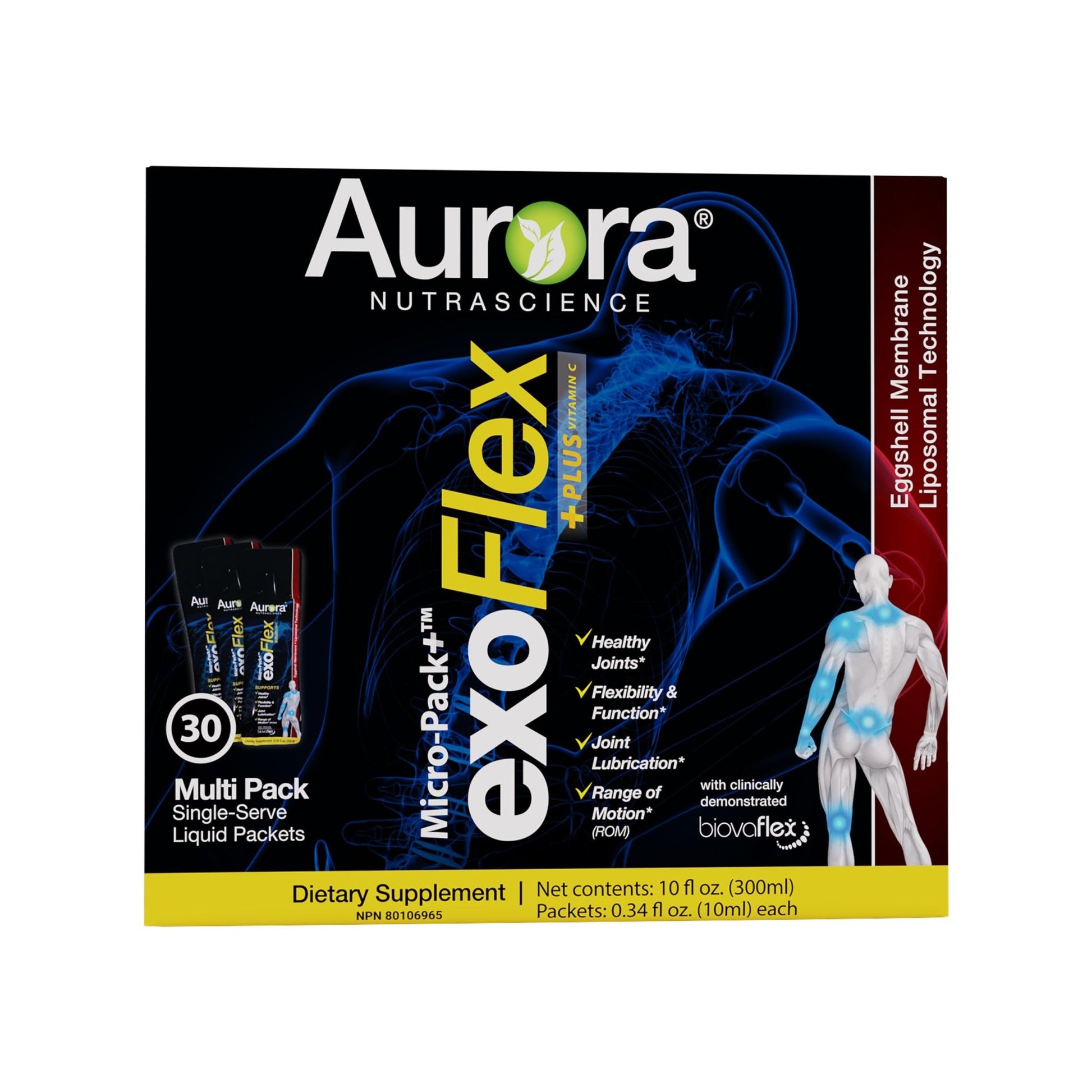 Aurora Nutrascience Micro-Pack Liposomal exoFlex+ - Liquid Vitamin C Supplement, Eggshell Membrane with BiovaFlex, Curcumin, & Boswellia, for Men & Women - 30 Single-Serve Packets - dailyvitalstore