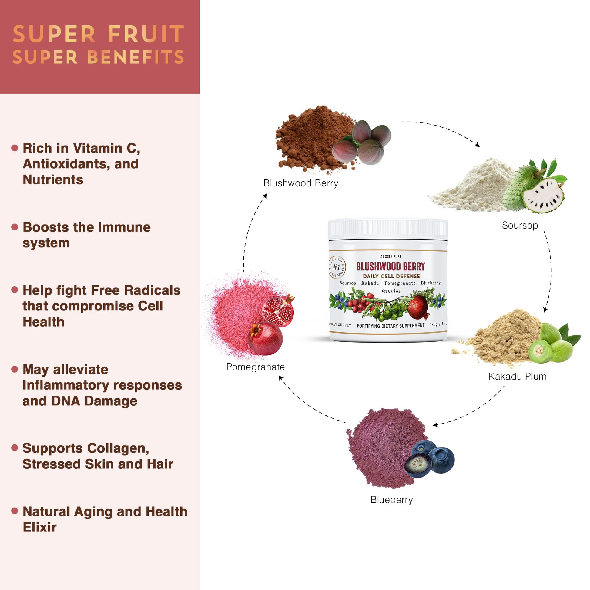 Aussie Pure Blushwood Berry Superfruit Daily Cell Defense - Soursop - Kakadu Plum - Pomegranate - Blueberry - Immune and Cell Support Powder - All Ages - Lab Tested and Authenticated - 180g/6.4oz - dailyvitalstore
