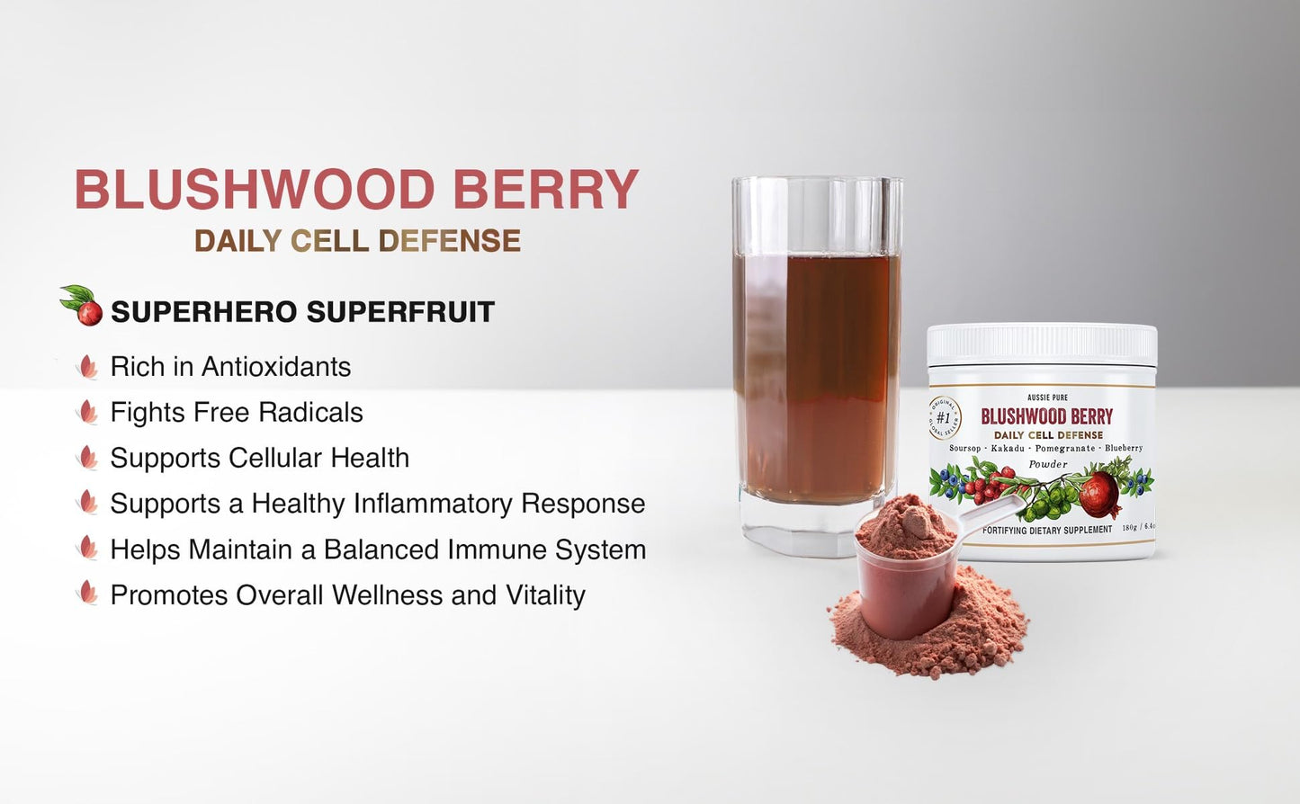 Aussie Pure Blushwood Berry Superfruit Daily Cell Defense - Soursop - Kakadu Plum - Pomegranate - Blueberry - Immune and Cell Support Powder - All Ages - Lab Tested and Authenticated - 180g/6.4oz - dailyvitalstore