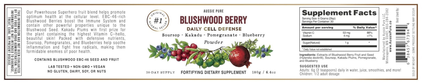 Aussie Pure Blushwood Berry Superfruit Daily Cell Defense - Soursop - Kakadu Plum - Pomegranate - Blueberry - Immune and Cell Support Powder - All Ages - Lab Tested and Authenticated - 180g/6.4oz - dailyvitalstore