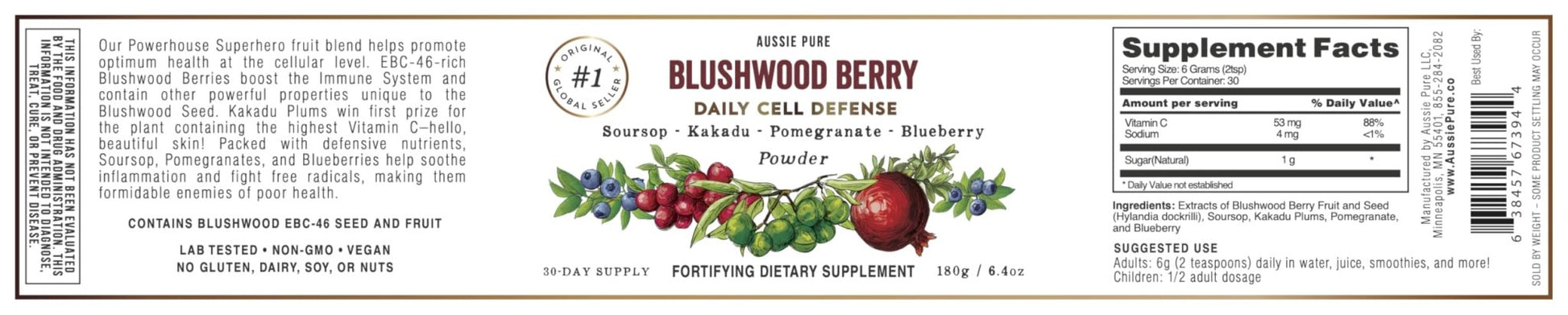 Aussie Pure Blushwood Berry Superfruit Daily Cell Defense - Soursop - Kakadu Plum - Pomegranate - Blueberry - Immune and Cell Support Powder - All Ages - Lab Tested and Authenticated - 180g/6.4oz - dailyvitalstore