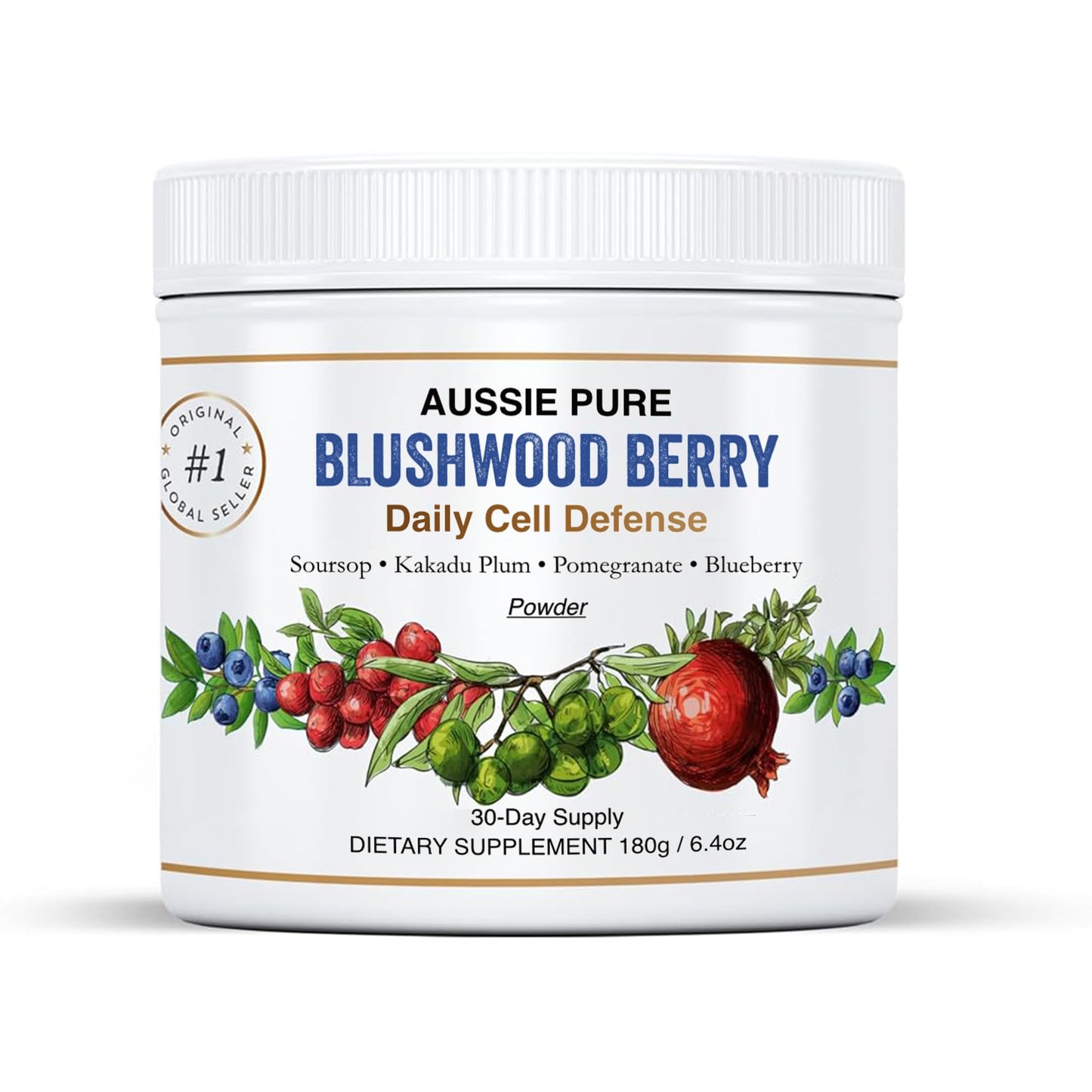 Aussie Pure Blushwood Berry Superfruit Daily Cell Defense - Soursop - Kakadu Plum - Pomegranate - Blueberry - Immune and Cell Support Powder - All Ages - Lab Tested and Authenticated - 180g/6.4oz - dailyvitalstore