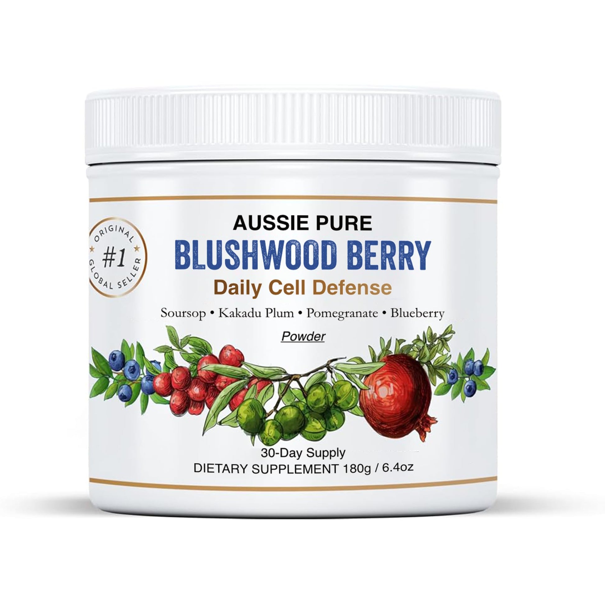 Aussie Pure Blushwood Berry Superfruit Daily Cell Defense - Soursop - Kakadu Plum - Pomegranate - Blueberry - Immune and Cell Support Powder - All Ages - Lab Tested and Authenticated - 180g/6.4oz - dailyvitalstore