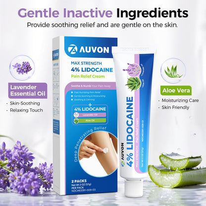 AUVON Max Strength Lidocaine Pain Relief Cream with Lavender & Aloe Vera, Numbing Cream for Minor Arthritis Pain, Soothing Muscle for Neck, Shoulder, Hip, Knee, Joint and Back Pain, 2 Oz, 2 Packs - dailyvitalstore