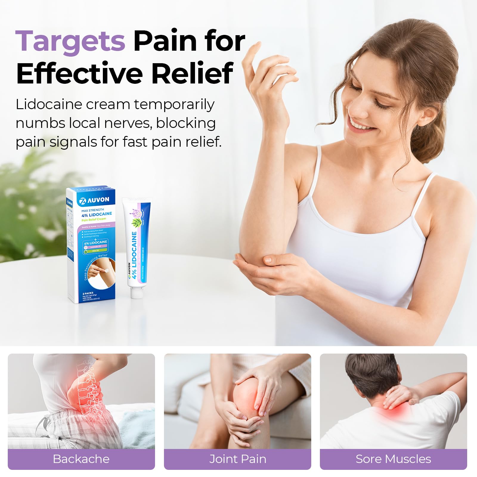 AUVON Max Strength Lidocaine Pain Relief Cream with Lavender & Aloe Vera, Numbing Cream for Minor Arthritis Pain, Soothing Muscle for Neck, Shoulder, Hip, Knee, Joint and Back Pain, 2 Oz, 2 Packs - dailyvitalstore