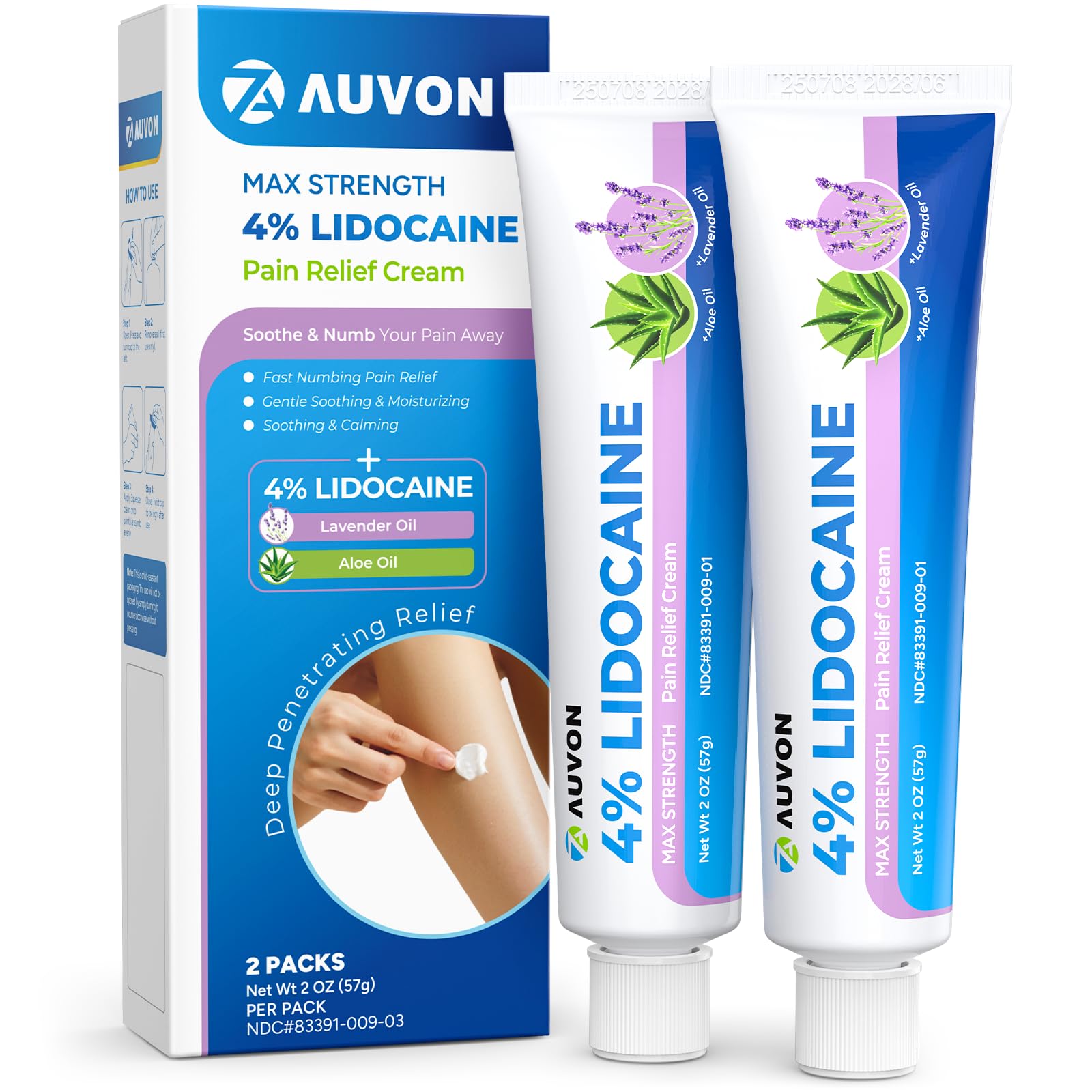 AUVON Max Strength Lidocaine Pain Relief Cream with Lavender & Aloe Vera, Numbing Cream for Minor Arthritis Pain, Soothing Muscle for Neck, Shoulder, Hip, Knee, Joint and Back Pain, 2 Oz, 2 Packs - dailyvitalstore