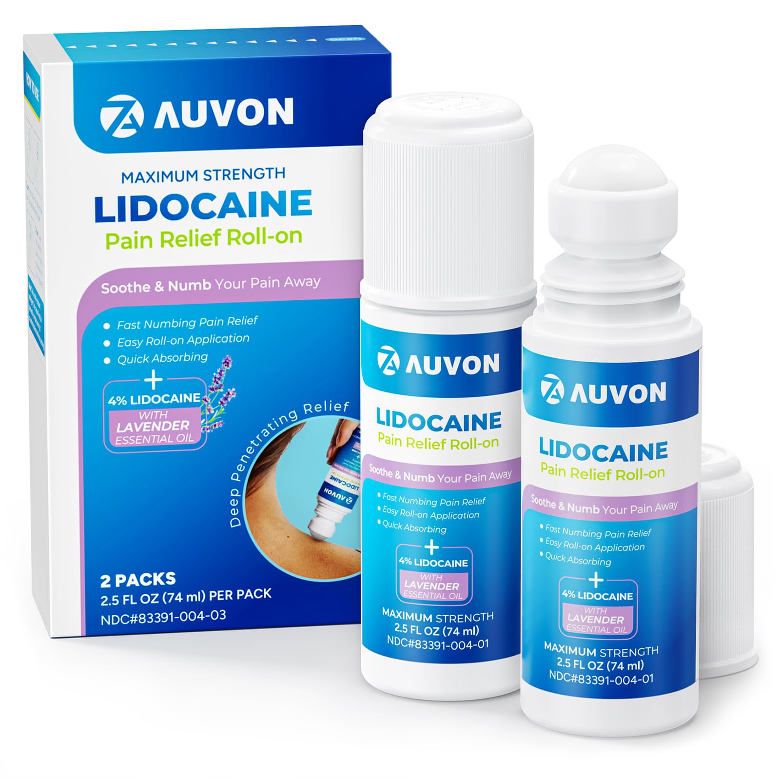 AUVON Max Strength Lidocaine Pain Relief Roll-On with Lavender Essential Oil, No Mess Applicator, Quick Absorbing to Numb & Soothe Pain Relief for Knees, Shoulders, 2.5 Oz, 2 Packs - dailyvitalstore