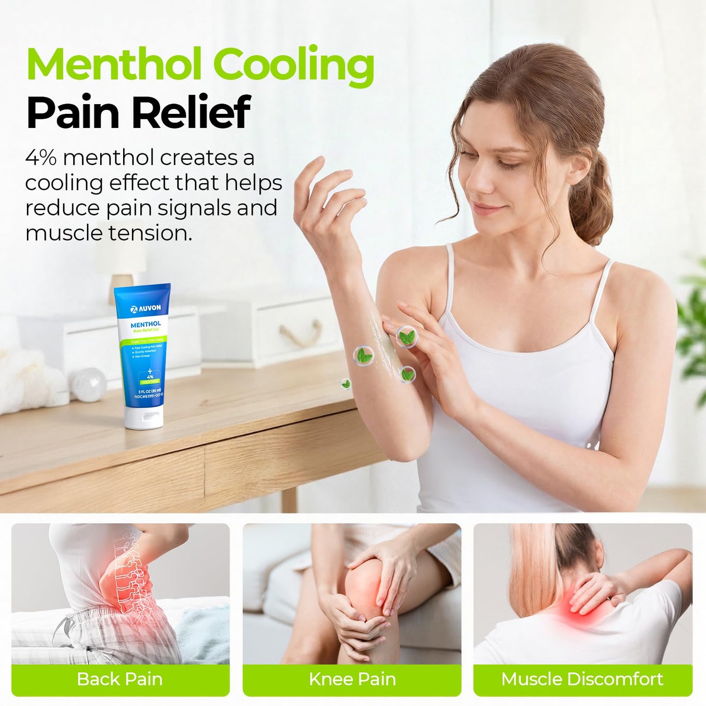 AUVON Menthol Pain Relief Gel for Chronic Joint & Back Pain, Arthritis Pain Reliever for Muscle Pain Relief, Fast-Acting Menthol Cooling Gel Soothes Knee, Hip, Shoulder, Neck Pain, 3 FL OZ Per Pack - dailyvitalstore