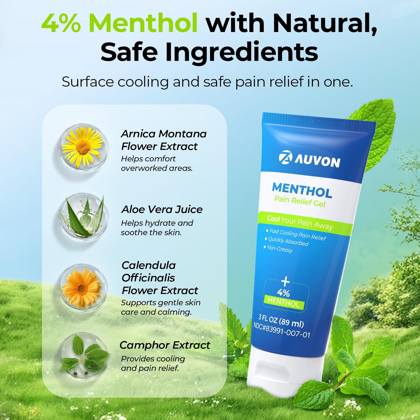 AUVON Menthol Pain Relief Gel for Chronic Joint & Back Pain, Arthritis Pain Reliever for Muscle Pain Relief, Fast-Acting Menthol Cooling Gel Soothes Knee, Hip, Shoulder, Neck Pain, 3 FL OZ Per Pack - dailyvitalstore
