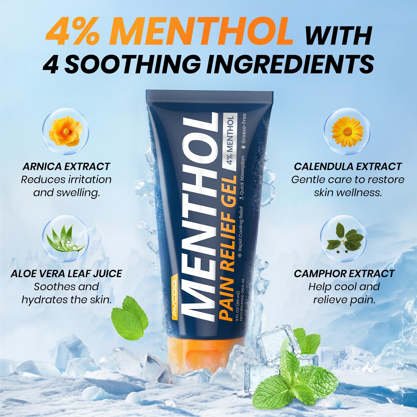 AVCOO 4% Menthol Pain Relief Gel, Cooling Sensation for Arthritis, Knees, Joint, Sore Muscle, Neck, Shoulder and Lower Back Pain Relief, Grease-Free Gel, 2 Packs (3 OZ Per Pack) - dailyvitalstore