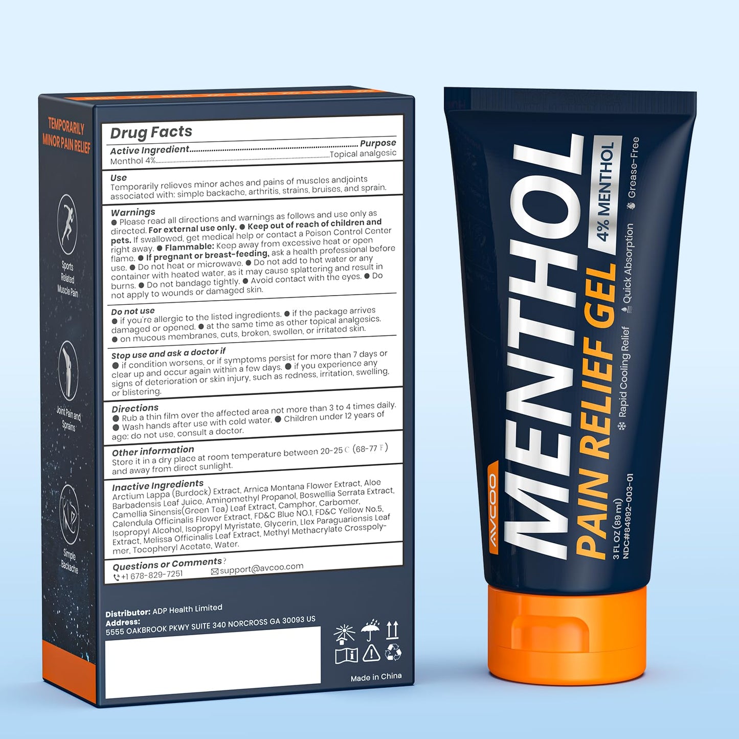 AVCOO 4% Menthol Pain Relief Gel, Cooling Sensation for Arthritis, Knees, Joint, Sore Muscle, Neck, Shoulder and Lower Back Pain Relief, Grease-Free Gel, 2 Packs (3 OZ Per Pack) - dailyvitalstore