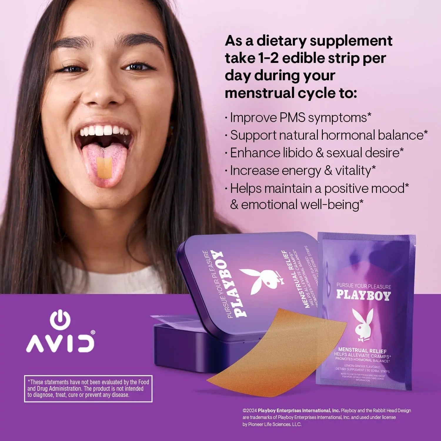 AVID Playboy - Menstrual Relief PMS Oral Strips (30 Edible Strips) Fast Dissolving PMS Cramp Relief & Hormonal Balance Strips for Women - Lemon Ginger Flavored Multi-Benefit PMS Supplement for Women - dailyvitalstore