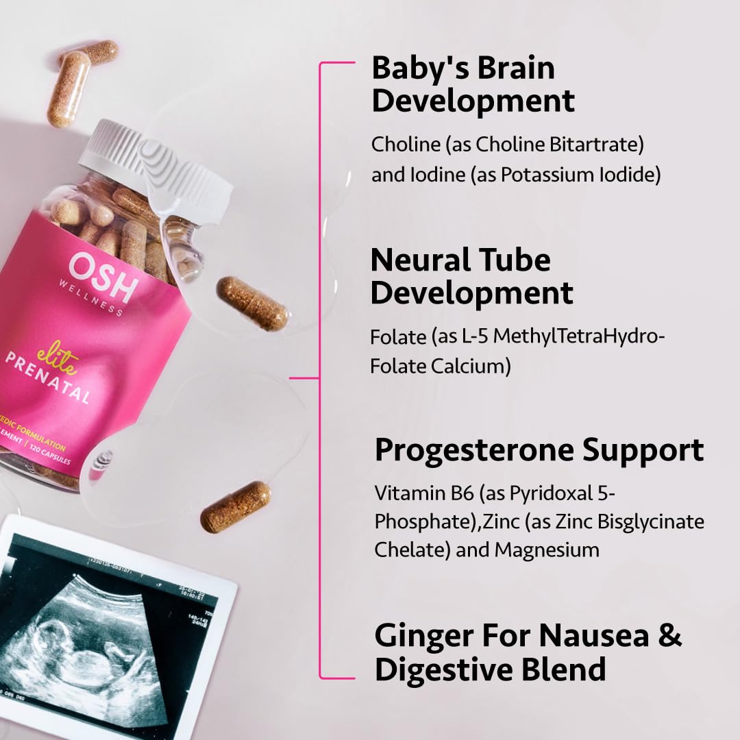 Ayurvedic Elite Prenatal Vitamins with Folate, Choline, Iron, Iodine & more | Made in USA | Optimal Bioavailability | Supports Baby's Growth and Brain Development | 30 Day Supply - OSH Wellness - dailyvitalstore