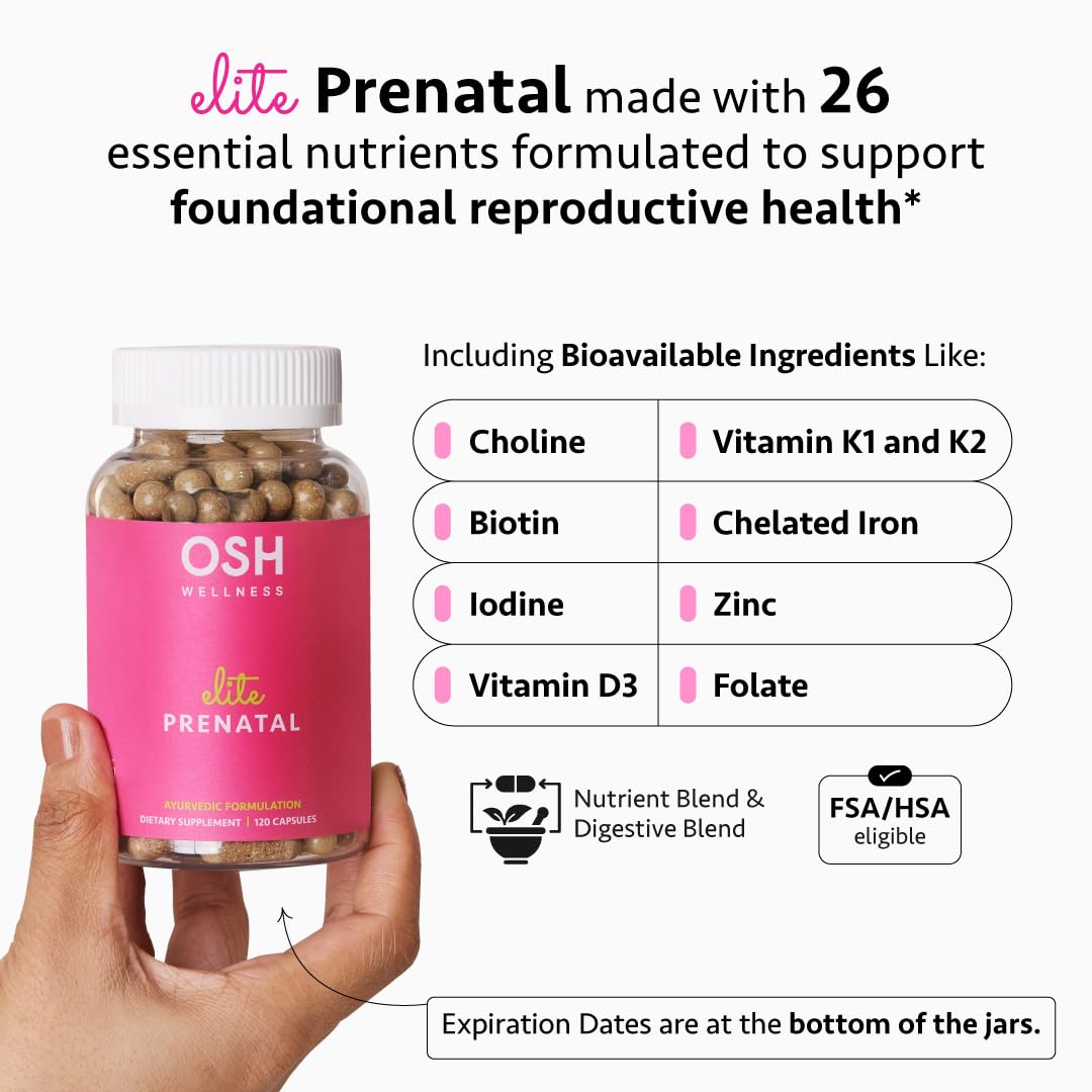 Ayurvedic Elite Prenatal Vitamins with Folate, Choline, Iron, Iodine & more | Made in USA | Optimal Bioavailability | Supports Baby's Growth and Brain Development | 30 Day Supply - OSH Wellness - dailyvitalstore