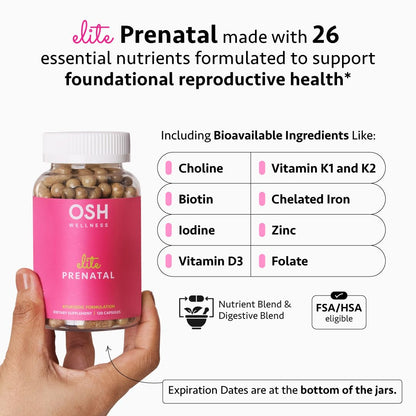 Ayurvedic Elite Prenatal Vitamins with Folate, Choline, Iron, Iodine & more | Made in USA | Optimal Bioavailability | Supports Baby's Growth and Brain Development | 30 Day Supply - OSH Wellness - dailyvitalstore