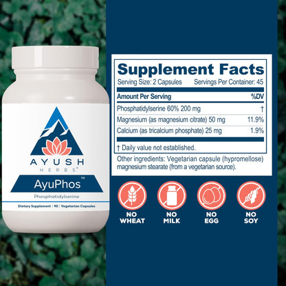 Ayush Herbs AyuPhos - Phosphatidylserine Supplement for Men & Women, Soy-Free Phosphatidyl Serine, Brain, Memory, & Cognitive Support for Adults, 200mg Per Pill - 45 Servings - dailyvitalstore