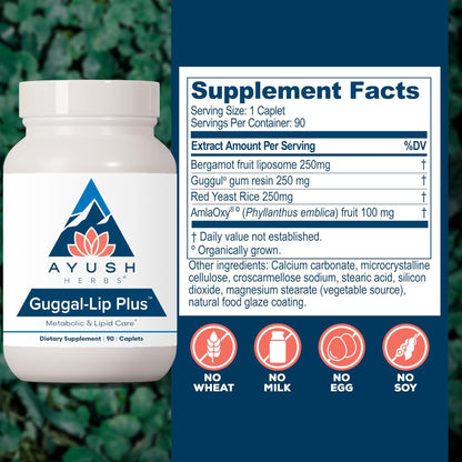 Ayush Herbs Guggal-Lip Plus - Metabolic Vitamins for Women & Men, Daily Pill, Pure & Natural Metabolic Health Supplement with Guggul - 90 Vegetarian Caplets (1 Count) - dailyvitalstore