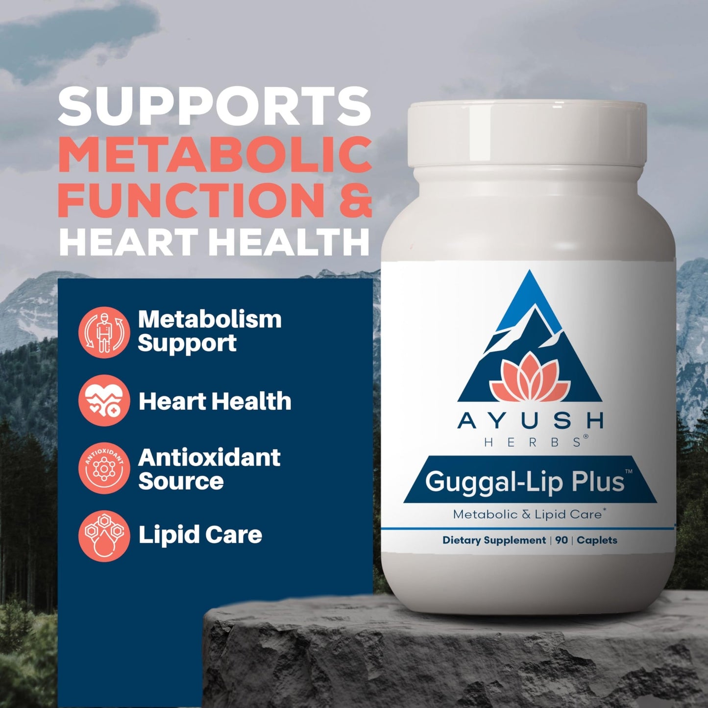 Ayush Herbs Guggal-Lip Plus - Metabolic Vitamins for Women & Men, Daily Pill, Pure & Natural Metabolic Health Supplement with Guggul - 90 Vegetarian Caplets (1 Count) - dailyvitalstore
