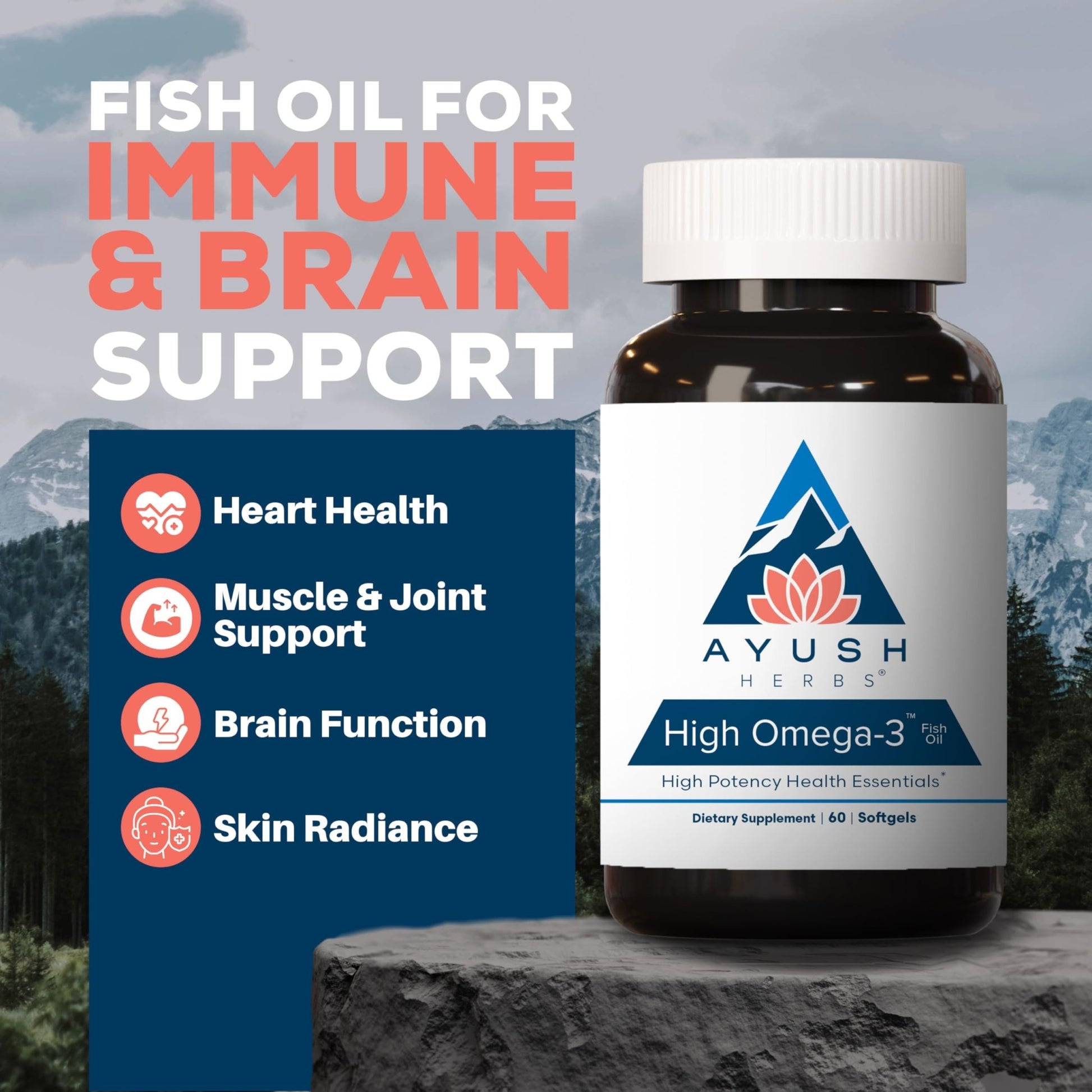 Ayush Herbs High Omega 3 - Omega 3 Fish Oil, 1000mg Per Capsule, EPA & DHA Fish Oil Supplement for Women & Men, - dailyvitalstore