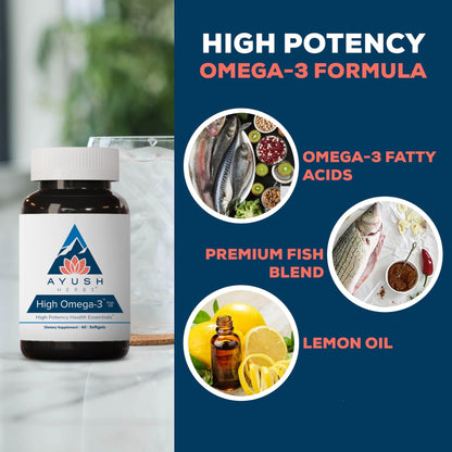 Ayush Herbs High Omega 3 - Omega 3 Fish Oil, 1000mg Per Capsule, EPA & DHA Fish Oil Supplement for Women & Men, - dailyvitalstore