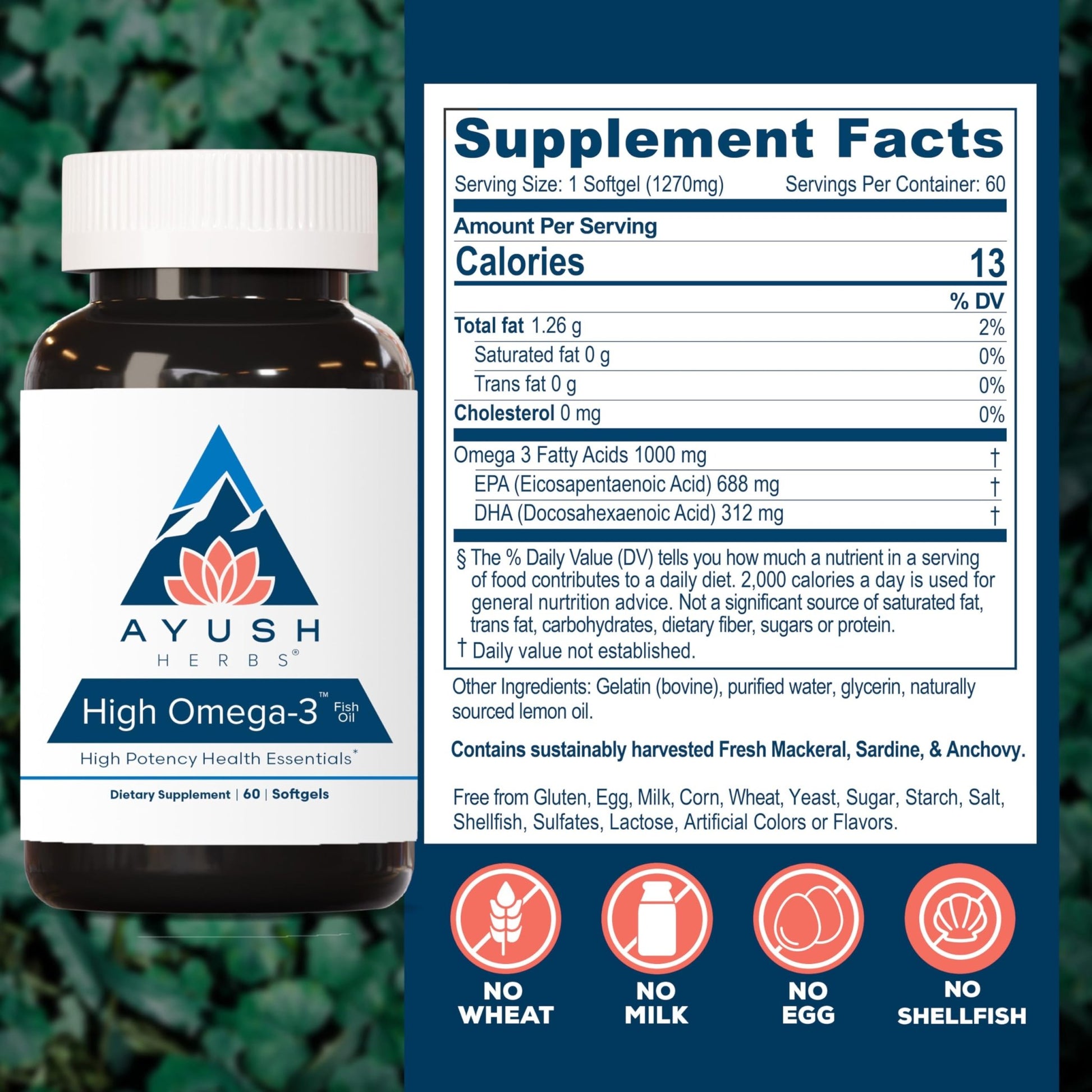 Ayush Herbs High Omega 3 - Omega 3 Fish Oil, 1000mg Per Capsule, EPA & DHA Fish Oil Supplement for Women & Men, - dailyvitalstore