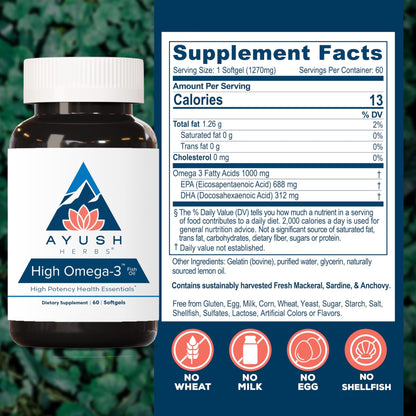 Ayush Herbs High Omega 3 - Omega 3 Fish Oil, 1000mg Per Capsule, EPA & DHA Fish Oil Supplement for Women & Men, - dailyvitalstore